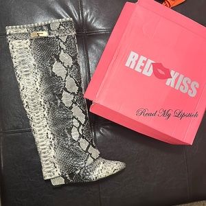 Snakeskin shark design boots with gold buckle